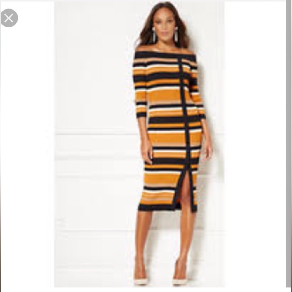 Eva Mendes Davina Ribbed Off shoulder‎ striped body con Sweater Dress Sz S NWT